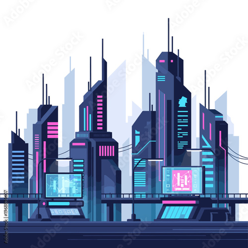 A stylized illustration of a futuristic cityscape at night with a large screen displaying a person, conveying a sense of modernity and innovation.