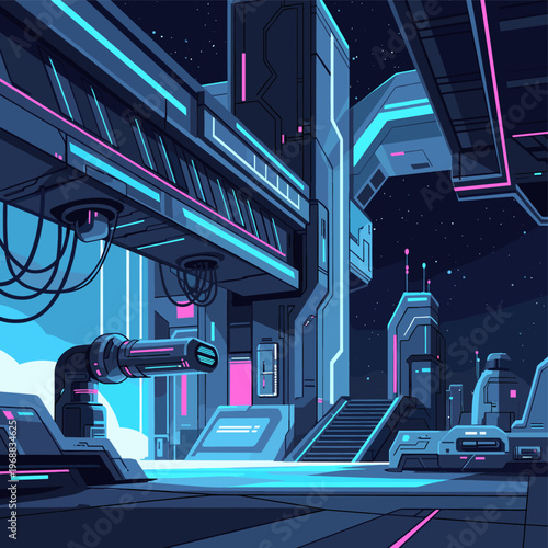 A futuristic robot arm with neon lights on a blue background, conveying a sense of innovation and technology.