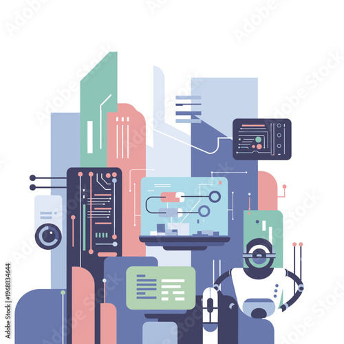 A modern and minimalist abstract design featuring geometric shapes in a calming color palette, conveying a sense of creativity and innovation.