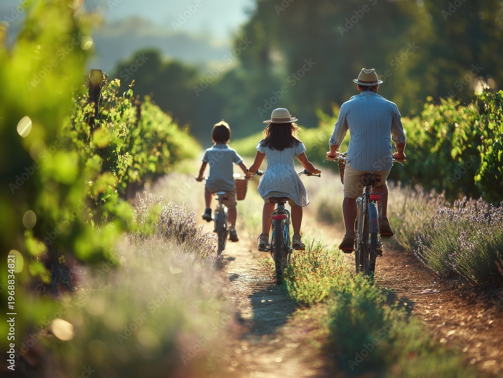 Fototapeta premium family cycling vineyard path with a blured nature background