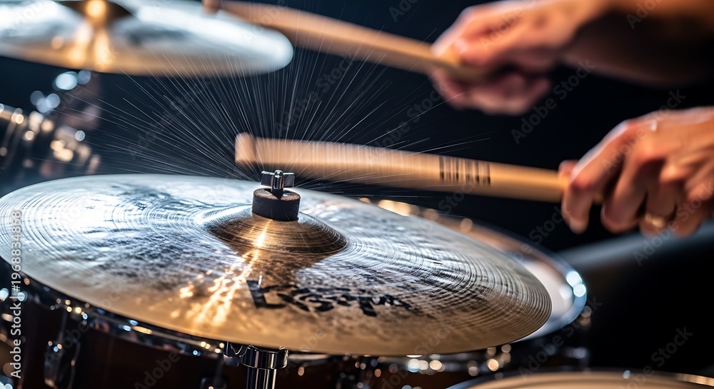 Obraz premium Close-up of drumsticks hitting a cymbal, creating a spray of water droplets