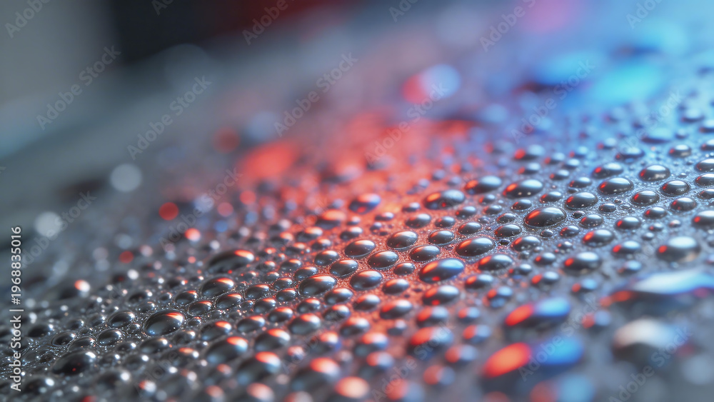 Fototapeta premium Advanced materials Iridescent water drops or beads sit on a dark surface and reflect vibrant red and blue lights in a laboratory