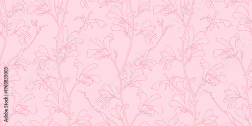 Hand Drawn Magnolia Flowers And Branches In Bloom. Seamless Banner Background.