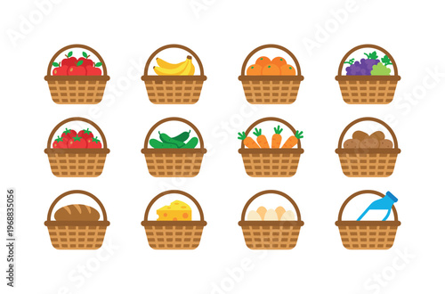 A wicker basket with vegetables, basket with fruits, basket with eggs, basket with milk bottle, basket with bread loaf, basket