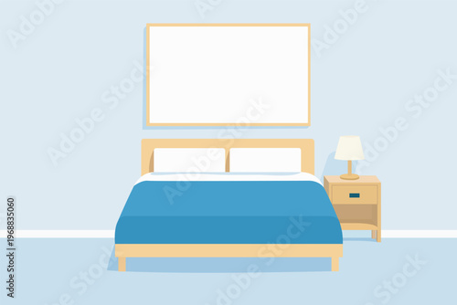 Interior de quarto de dormir em tons de azul claro e suave com um quadro em branco ao fundo -  Ilustração vetorial 
