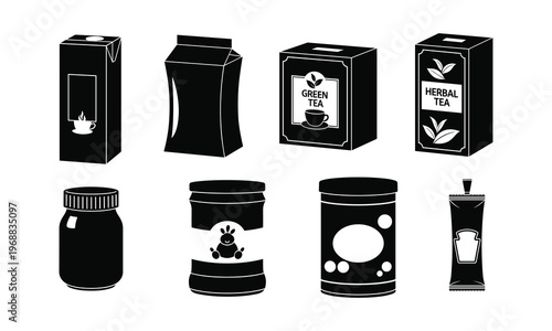 Assorted beverage and tea packaging designs in black and white sketch style