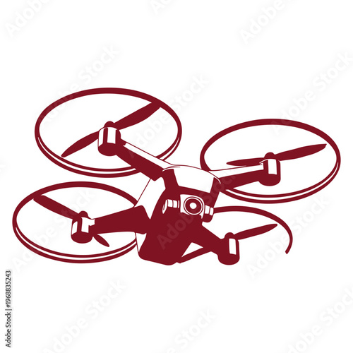 A quadcopter drone with four propellers and a mounted camera on its underside