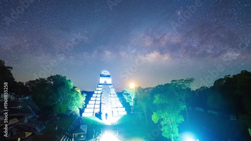 Tikal Temple of the Great Jaguar Milky Way timelapse night sky