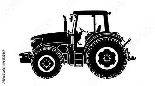 Modern Farm Tractor Silhouette for Agriculture and Rural Work, isolated white background.