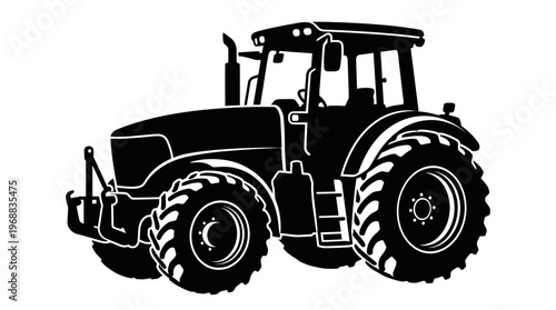 Modern Farm Tractor Silhouette for Agriculture and Rural Work, isolated white background.