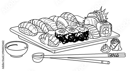 A minimalist vector illustration of a sushi platter with chopsticks and soy sauce