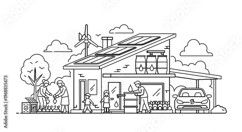 A minimalist line art illustration of a modern eco-friendly house with a family and solar panels