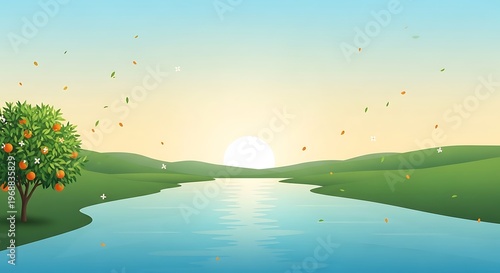 Peaceful River Sunrise Landscape with Green Hills and Tree