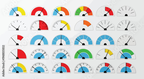 Varied designs of speedometer and gauge indicators in different styles Vector