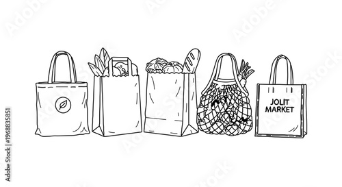 A minimalist line art illustration of reusable shopping bags in various styles and designs.