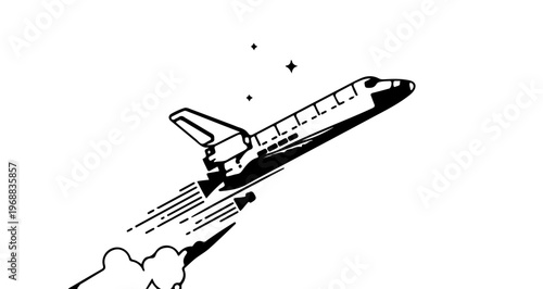 A vector graphic illustration of a space shuttle launching into the sky with flames and stars