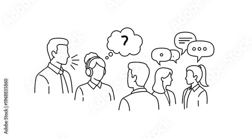 A minimalist vector illustration of a group of people discussing and questioning in a meeting or conversation