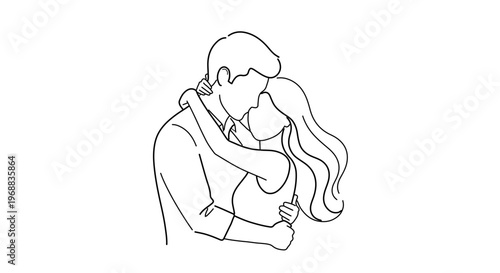 A minimalist line art illustration of a romantic couple embracing and kissing