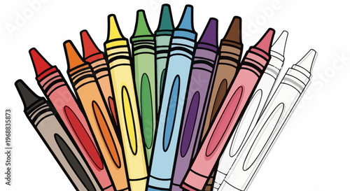 A colorful illustration of crayons in a fan shape on a white background