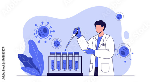 Scientist conducting research with test tubes and virus particles in a modern laboratory