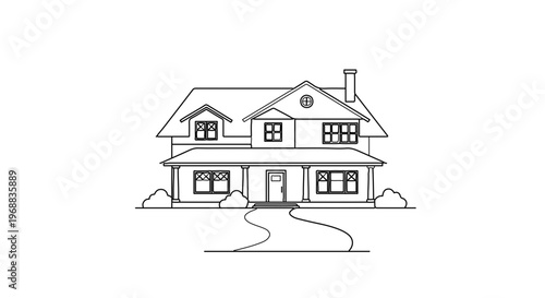 A minimalist line art illustration of a two-story house with a chimney and a winding driveway