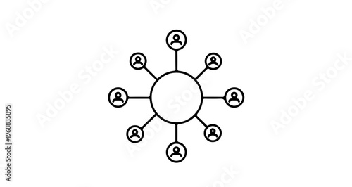 A minimalist vector graphic illustrating a network of connected people in a circular formation