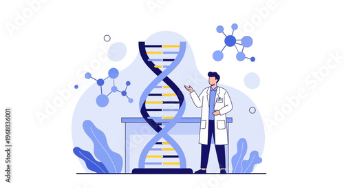Scientist Explains DNA Structure with Molecular Models and Plants in Background