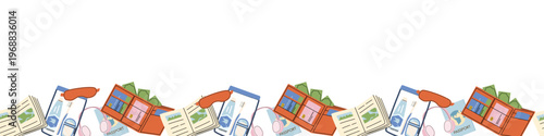 Travel airplane essentials background with hygiene items and documents, holders. Sleeping mask, money holder, tooth paste, tooth brush and other trip elements. Airport essentials in cartoon flat style