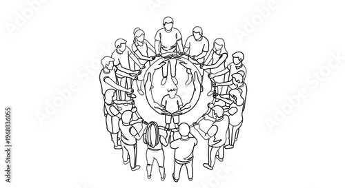 A minimalist line art illustration of a diverse group of people holding up a globe