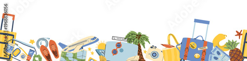 Travel essentials border for summer vacation backgrounds. Vacation plane elements - hygiene holder, camera, baggages, sleeping pillow and luggages. Summer travel items background. Vector illustration
