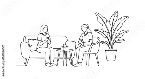 A minimalist line art illustration of two women sitting in a living room with a plant