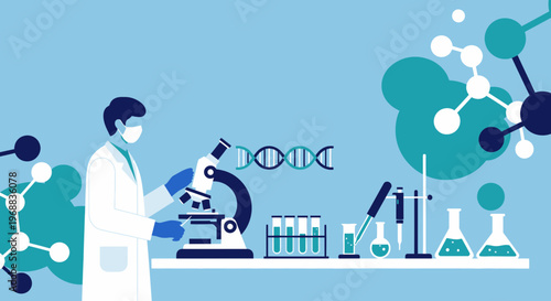 Scientist in Lab Coat Examining DNA Structure with Microscope and Test Tubes