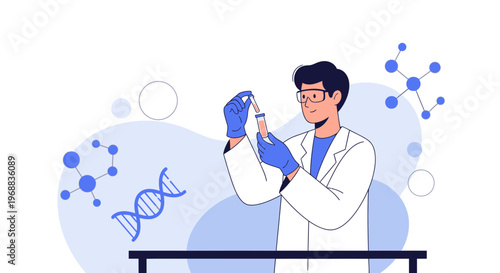Scientist in lab coat examining test tube with DNA and molecules, science research concept