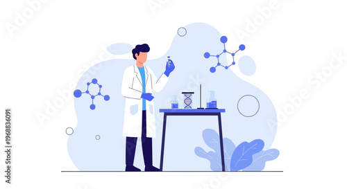 Scientist in lab coat examining vial, molecular structures and DNA helix in science lab