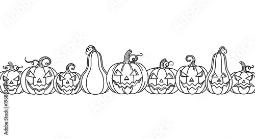 A minimalist vector illustration of carved jack-o-lanterns and gourds in a row on a white background
