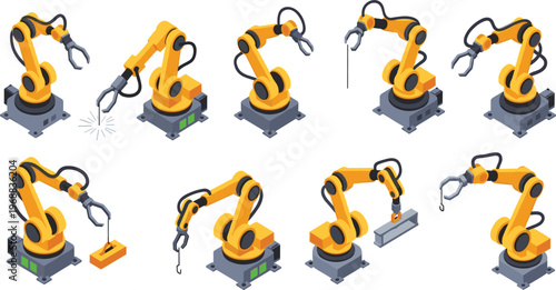 Minimal robotic arm icon set factory automation machine vector illustration isolated on white