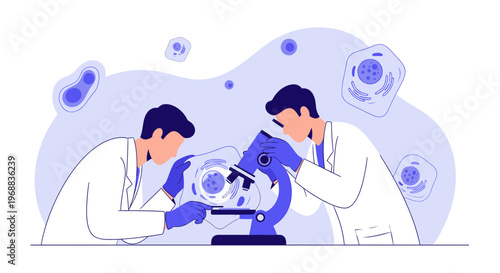 Scientists studying cells under microscope in laboratory, research and development, medical science