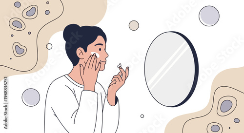 Woman applying face cream in front of mirror, skincare routine, self-care, beauty
