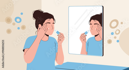 Woman applying cream to face in front of mirror, skincare routine, self-care, morning beauty ritual