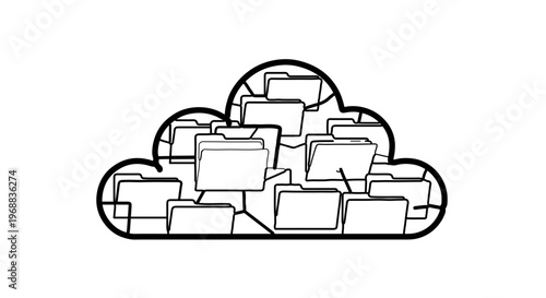 A minimalist vector graphic illustration of a cloud storage concept with multiple file boxes
