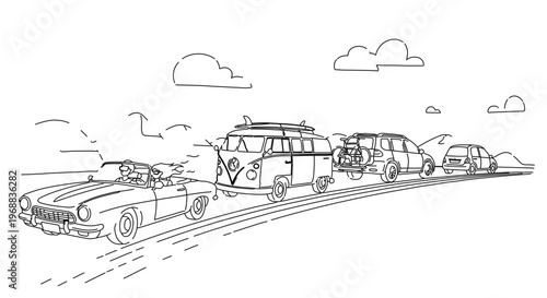 A minimalist line art illustration of a convoy of vehicles driving on a road