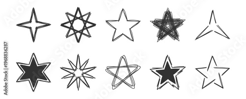 hand drawn stars collection of black sketch star shapes with varied line styles and fillings on transparent background
