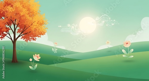 Serene Minimalist Landscape with Orange Tree and Rolling Green Hills