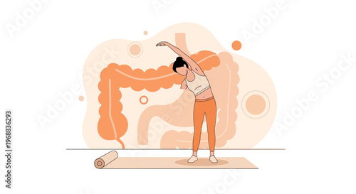 Woman doing yoga for digestive health, stretching near anatomical illustration of intestines