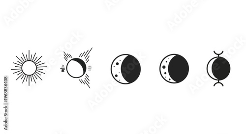 Illustration of the phases of the moon alongside a solar eclipse depiction Vector