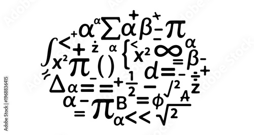 A vector graphic illustration of complex mathematical equations and symbols in a circular pattern