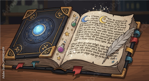 An open magical book with glowing blue symbols and a quill pen on a wooden table