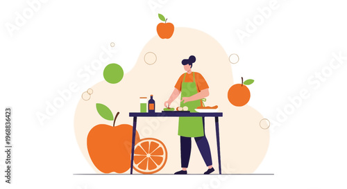 Woman preparing healthy food, chopping fruits and vegetables for juice or salad