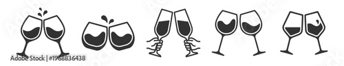 wine glasses clinking set black icons celebration alcohol drink on transparent background