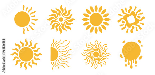 Set of yellow sun icons vector illustration sun shapes and symbols design elements on transparent background